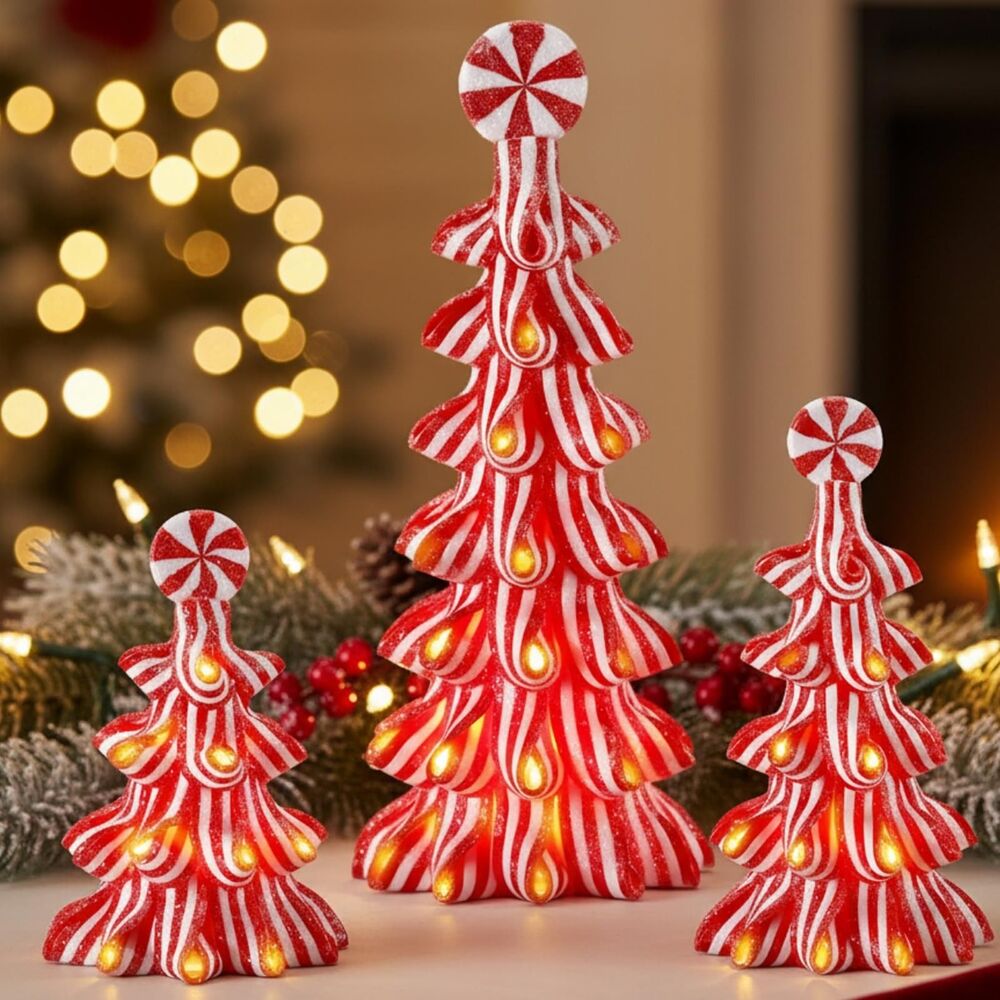 Threehoney 3 Pcs Christmas Ribbon Candy Trees Tabletop Decor Peppermint Candy